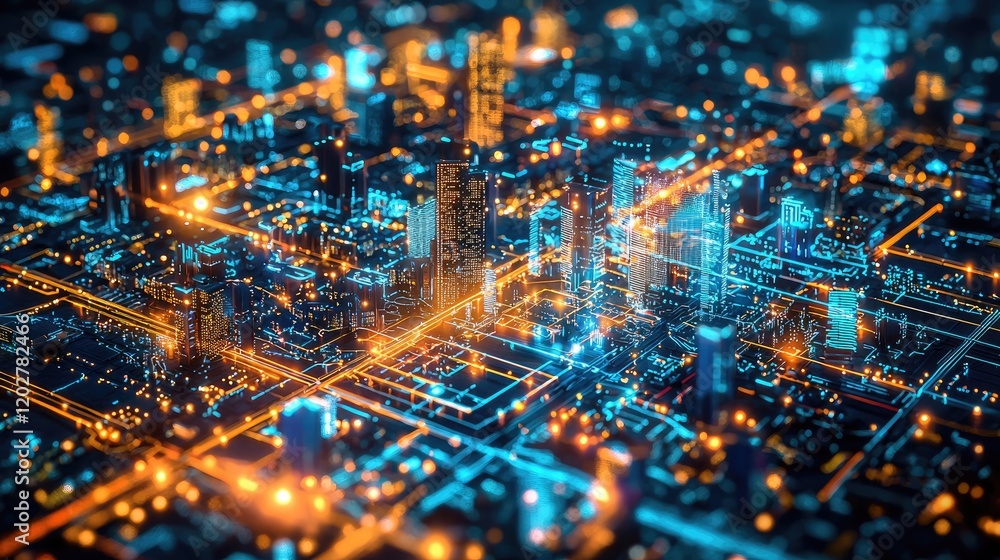 Poster a captivating futuristic cityscape at night showcasing vibrant glowing lights amplified by digital d