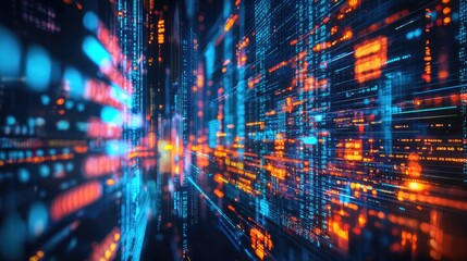 Fototapeta premium A captivating futuristic cityscape at night showcasing vibrant glowing lights amplified by digital data visualizations. Ideal for technology and urban themes.