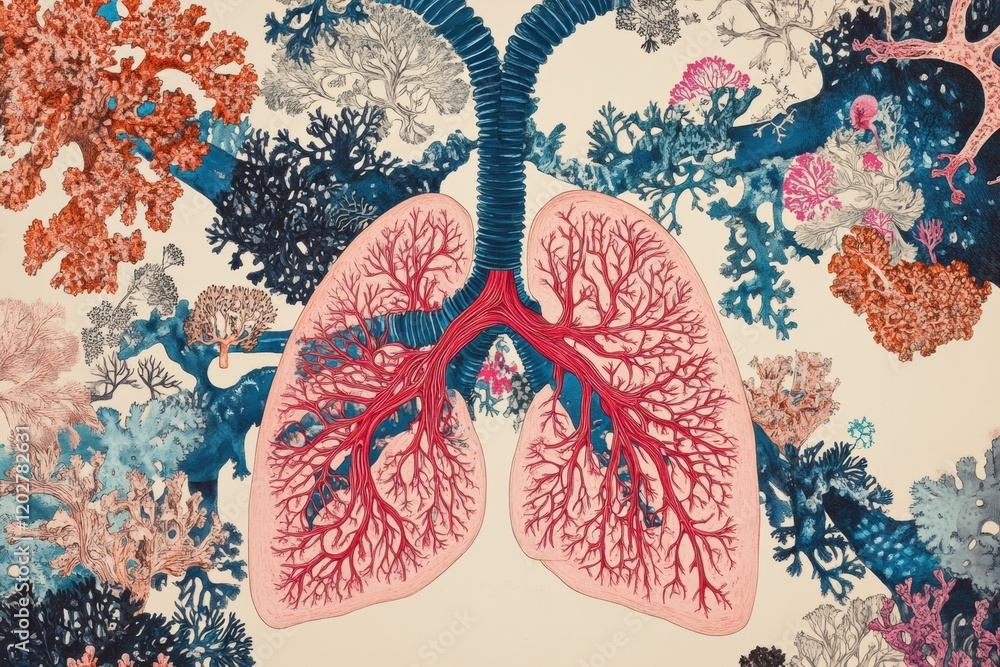 Poster Unique illustration of lungs surrounded by colorful coral reef textures and patterns in a creative art piece. Generative AI