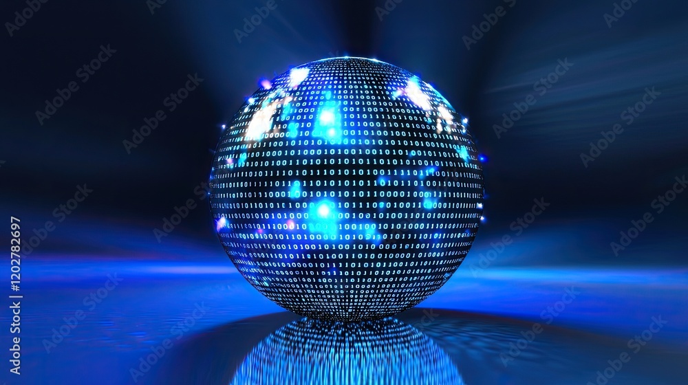 Poster A stunning digital illustration of a globe composed of binary code and glowing dots, representing global connectivity and technological innovation in a modern blue settin