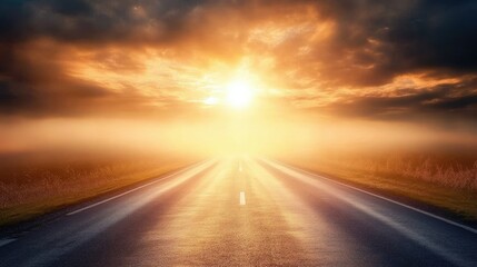 A long, empty highway cutting through fog, with light breaking through at the end, symbolizing overcoming challenges.