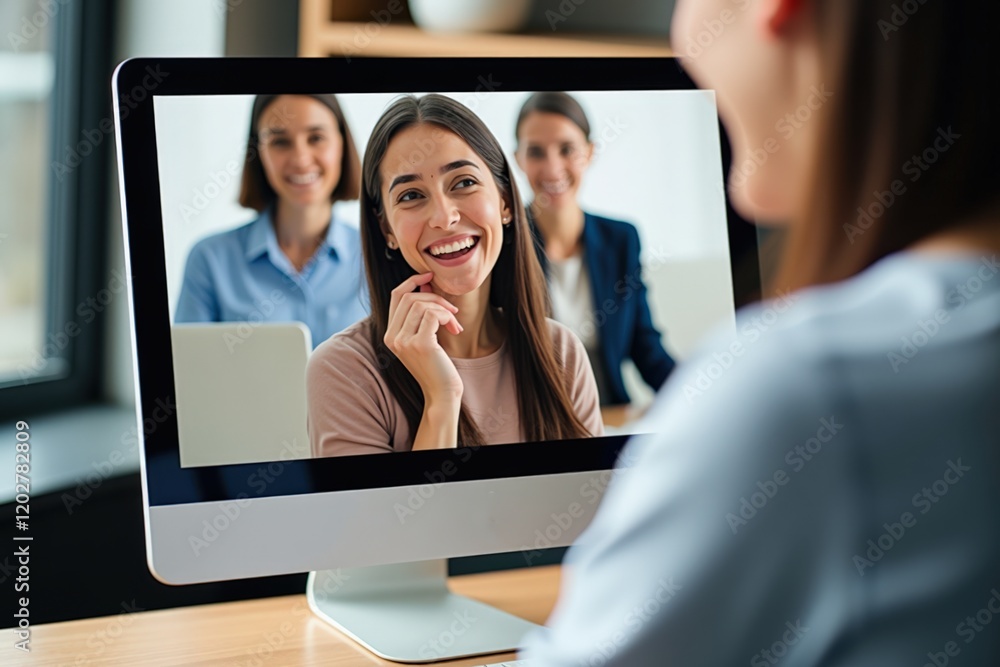 Poster smiling woman engages in virtual meeting on computer screen while two colleagues listen on video cal