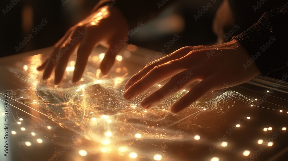 Poster A person interacts with a transparent digital interface that showcases dynamic data visualization, highlighting advanced technology and innovative concepts in modern comp