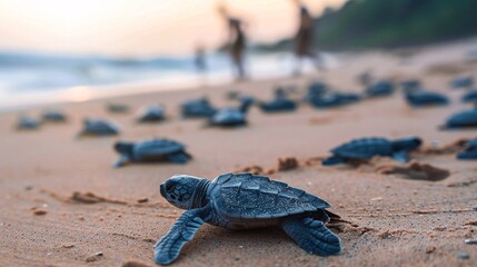 Baby turtles hatching on the beach