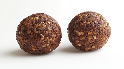 Two round energy balls made from seeds and nuts, ideal for healthy snacking.