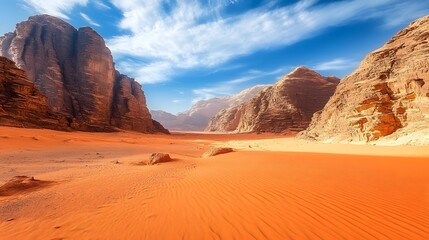 Naklejka premium Majestic sandstone formations rise above orange desert sands under a blue sky