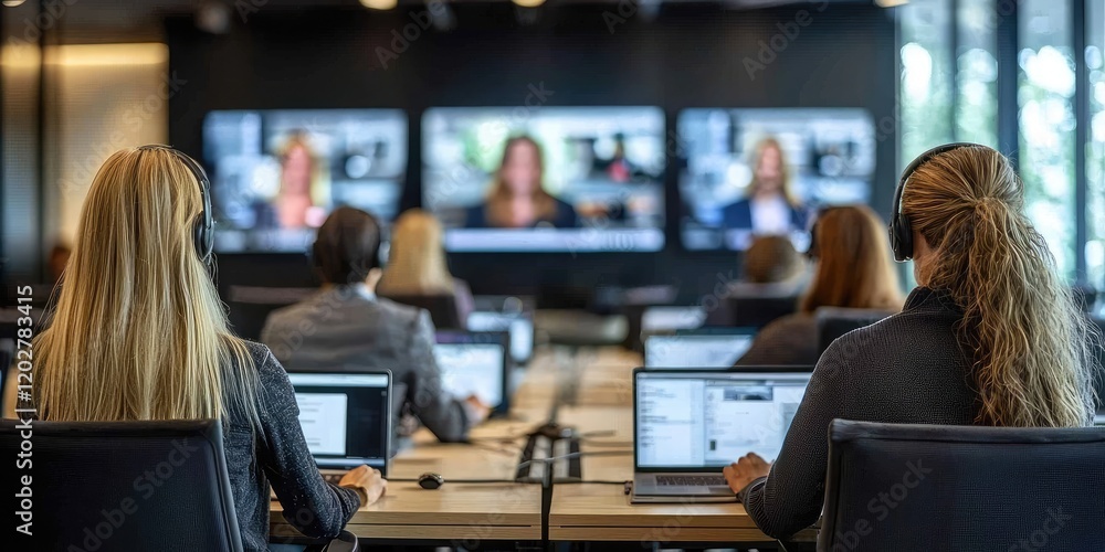 Poster two colleagues participating in an online business training in a sleek office, using dual monitors a