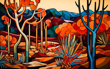 A lively and stylish landscape in rich tones, it depicts a quiet autumn scene with trees.