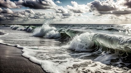 Dramatic Ocean Waves Crashing on Shore with Fluffy Clouds in a Beautiful Sky during a Stormy Day at the Beach with Reflections of Light on Water Surface