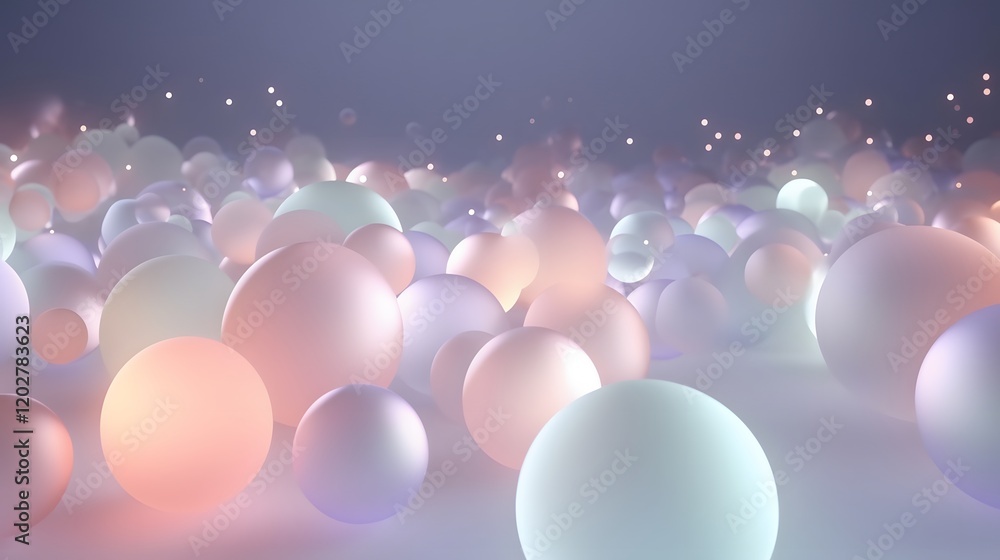 Poster Colorful ambient spheres digital space 3d render soft glow environment wide angle view abstract visualization