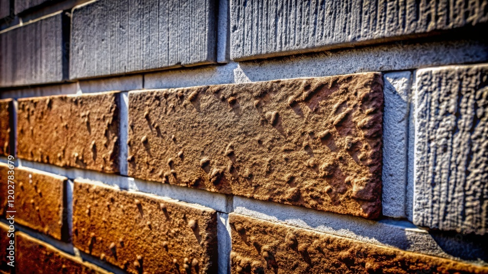 Poster close-up view of textured brick wall featuring an artistic blend of light brown and gray blocks with