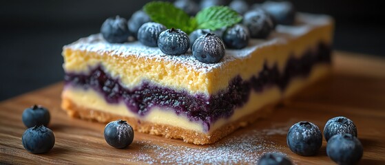 Blueberry lemon cheesecake bars topped with mint, powdered sugar, and fresh blueberries