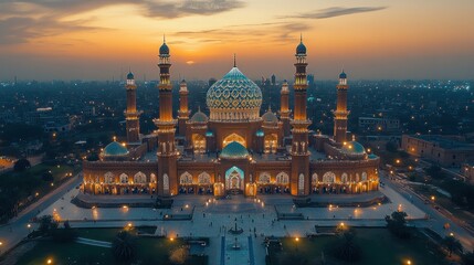 Fototapeta premium Majestic Mosque at Sunset Aerial View of a Grand Architectural Landmark