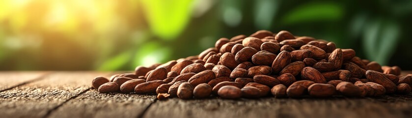 Cocoa pods and beans on wooden table, lush green leaves in background, closeup, natural light