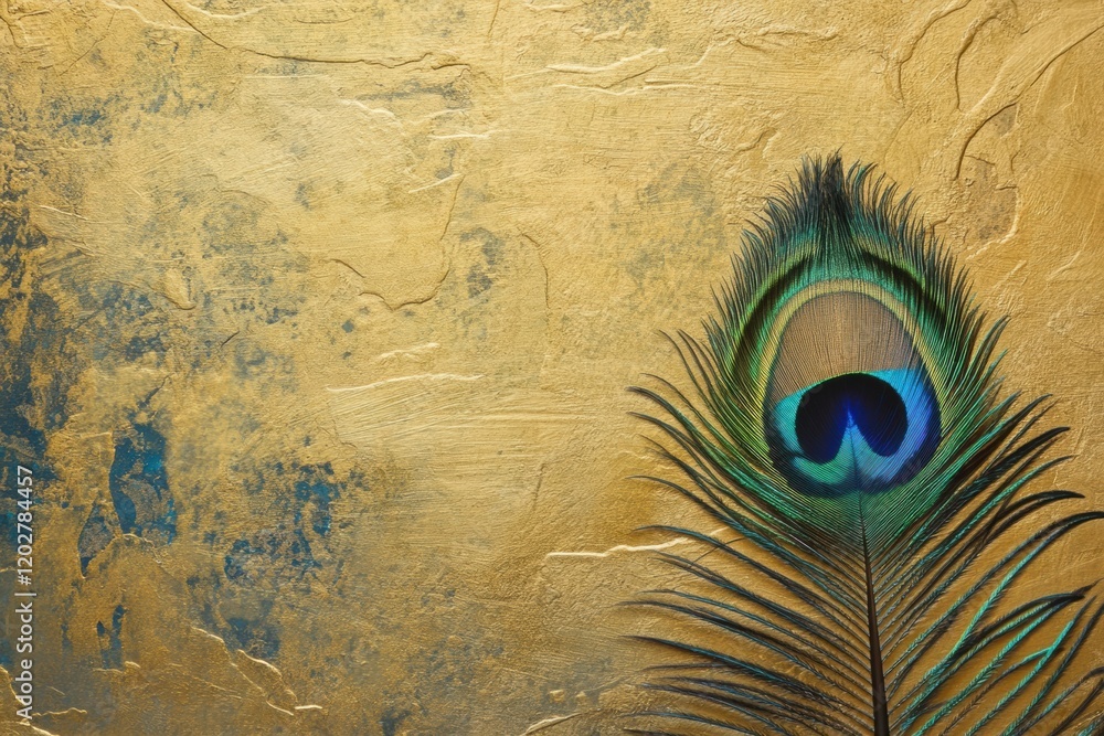 Aufkleber beautiful peacock feather resting against a textured golden background showcasing vibrant colors and