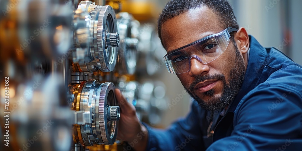 Aufkleber A close-up captures two engineers wearing augmented reality glasses as they discuss a holographic 3D model of a machine, displaying intense focus in a high-tech setting.