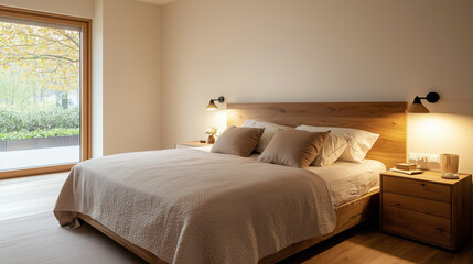 Cozy Rustic Bedroom with Warm Lighting and Wooden Furniture