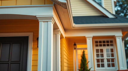 Fototapeta premium Elegant Home Exterior: Classic Columns and Yellow Siding. Discover the beauty of timeless architecture and modern design in this stunning residential property.