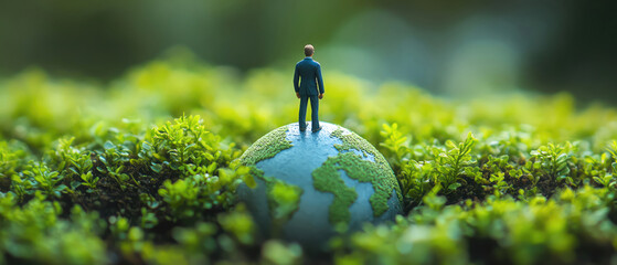 Miniature man on globe, greenery around, environmental concept