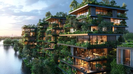 Fototapeta premium Eco-Luxury Apartments by the Lake: A Sustainable Oasis