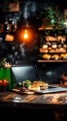 Warm light illuminates delicious sandwiches neatly arranged on rustic wooden table near laptop. AI Generated