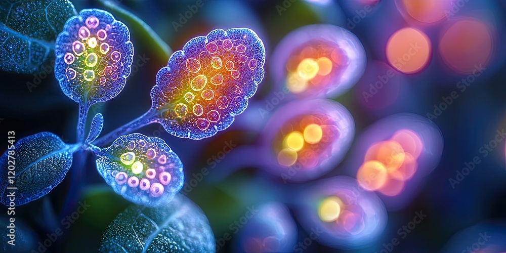Poster a microscopic view of a leaf cell, displaying chloroplasts and complex cell walls, illuminated by ge