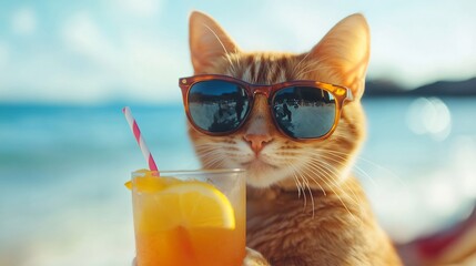 Cool Cat Sipping Tropical Drink Beach Scene. AI Generated