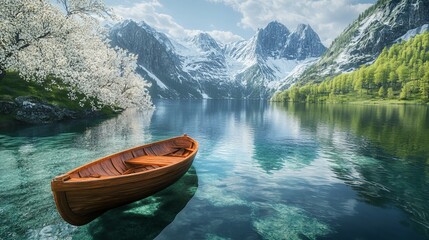 A wooden fishing boat floating on a crystal-clear lake, surrounded by snowmelt-fed streams and blooming spring trees.
