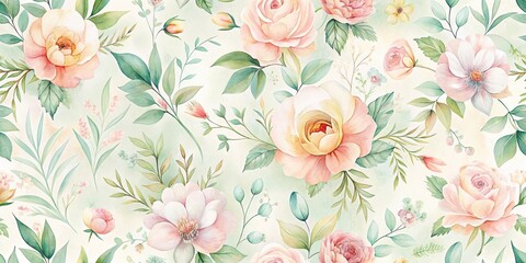 Delicate Watercolor Floral Pattern with Pastel Roses and Greenery for Textile and Wallpaper Designs