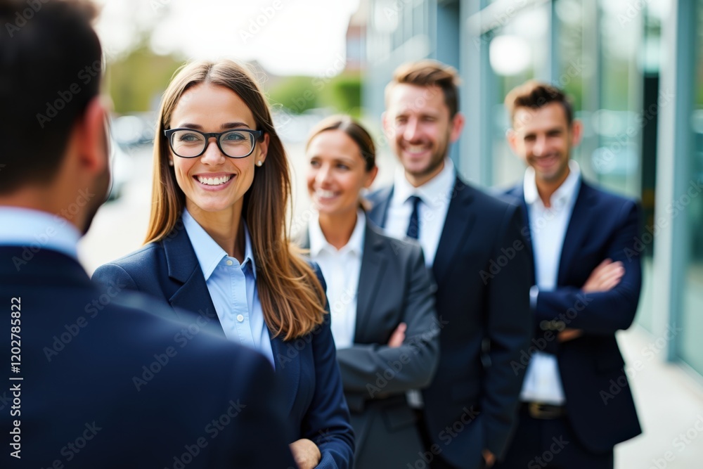Aufkleber professional business team smiling outdoors with confidence in formal attire while networking and bu