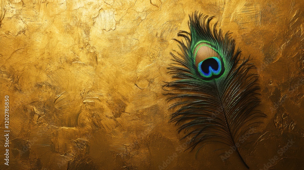 Poster beautiful peacock feather displayed on a textured golden background showcasing vibrant colors and in