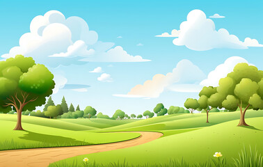 Obraz premium A summer landscape featuring a green meadow, blue sky, clouds, and a distant hill, with a bright, sunny day and a peaceful rural countryside atmosphere