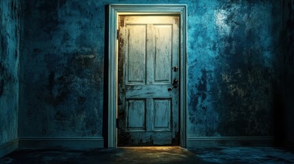 A dimly lit doorway in a textured, blue-walled room, evoking mystery and intrigue.