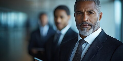 three colleagues in a modern office, deeply engaged in a strategic discussion over a tablet, showing focused and serious expressions.