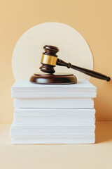A large stack of white paper with judge gavel on top, against the background of a light beige color. Law and justice concept.