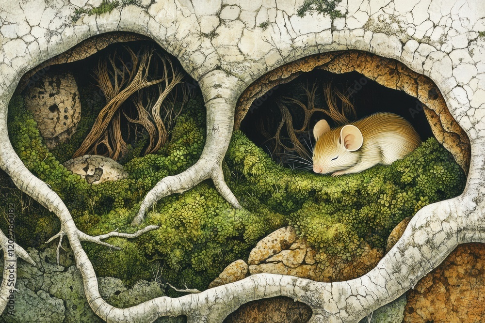 Poster small mouse resting peacefully in a cozy nook surrounded by textured roots and vibrant moss in a woo