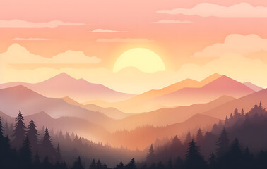 Sunset and sunrise in the misty mountains with clouds and fog over a tranquil valley and lake