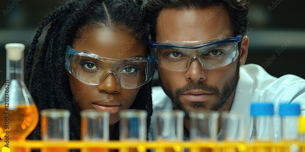 Aufkleber a pair of adults conducting experiments in a science lab, recording data surrounded by beakers and t