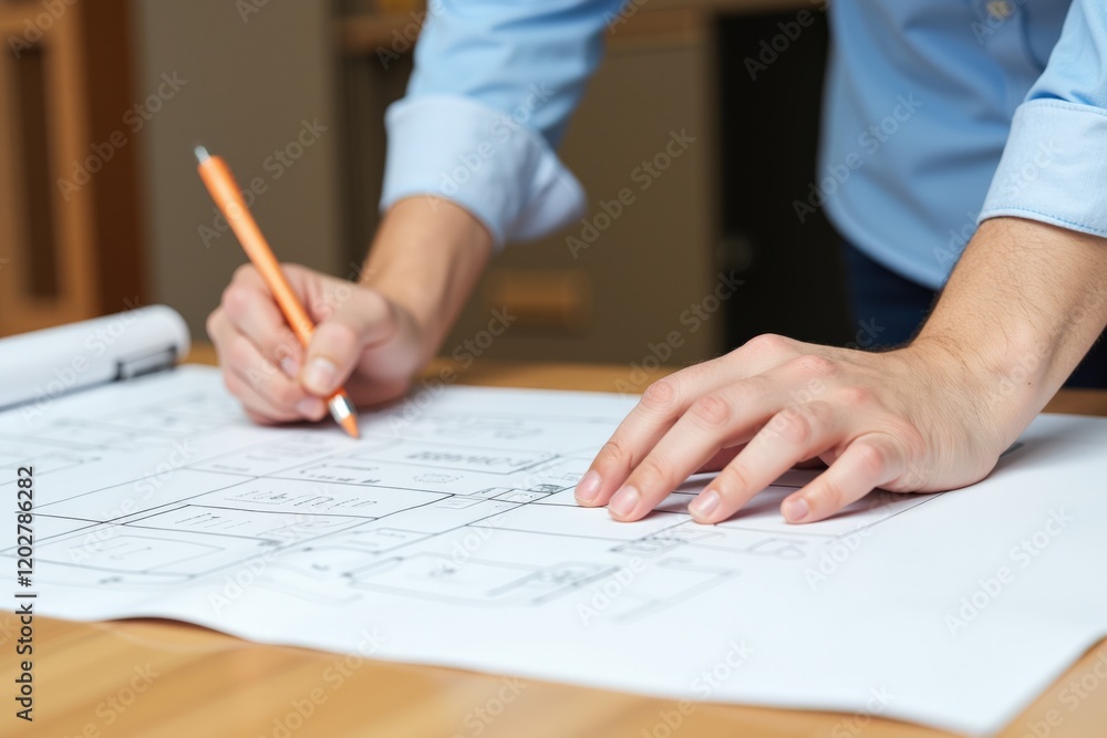 Poster detail-oriented architect hand sketching construction plans on drafting paper with a pencil in a stu