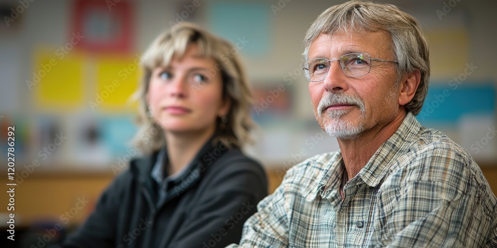 Poster a close-up shows two educators collaborating on a lesson plan in a colorful classroom, their serious