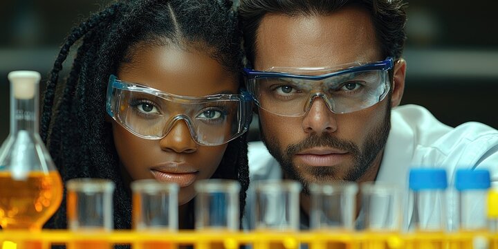 A pair of adults conducting experiments in a science lab, recording data surrounded by beakers and test tubes in a scientific setting.