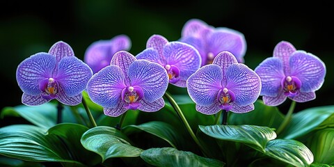A tropical garden alive with orchids, hibiscus, and large green leaves, dappled sunlight illuminating the exotic flowers.