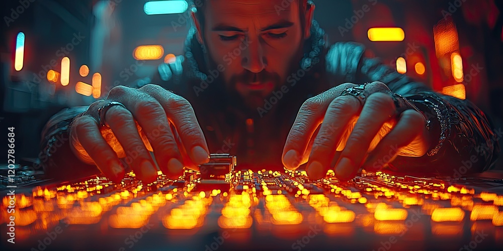Aufkleber A close-up features two hands assembling tiny components on a circuit board in a cutting-edge electronics lab, demonstrating intense focus and precision in every movement