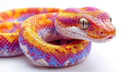 A colorful snake with vibrant scales, showcasing its intricate patterns and striking eyes.