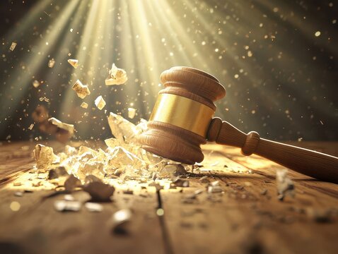 A creative visualization of a shattered gavel, symbolizing justice, legal proceedings, and conflict resolution in a striking artistic representation.