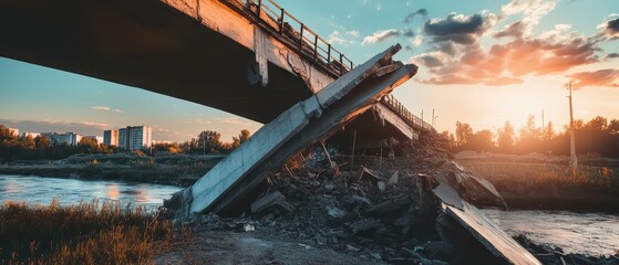 Naklejka premium A dramatic image of a bridge collapsing under weight, showcasing the fragility of infrastructure in a gripping moment of disaster.