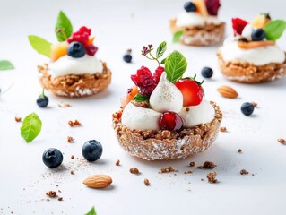 A creative display of a low-carb dessert, featuring almond flour pastries and fresh fruits, emphasizing healthy indulgence with minimal carbs