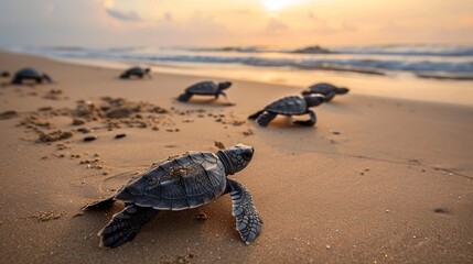 Newborn turtles breaking out of shells on the shore