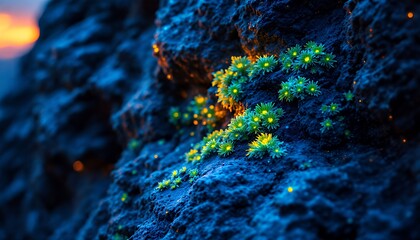 Luminescent flora blossoms on dark volcanic rock