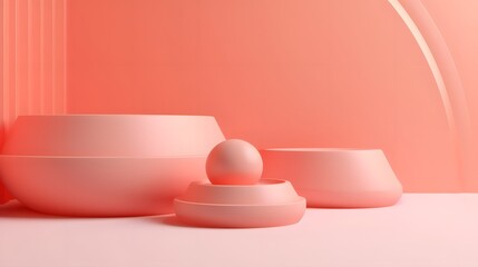 Minimalist design showcase soft pink bowls studio environment 3d render modern aesthetics